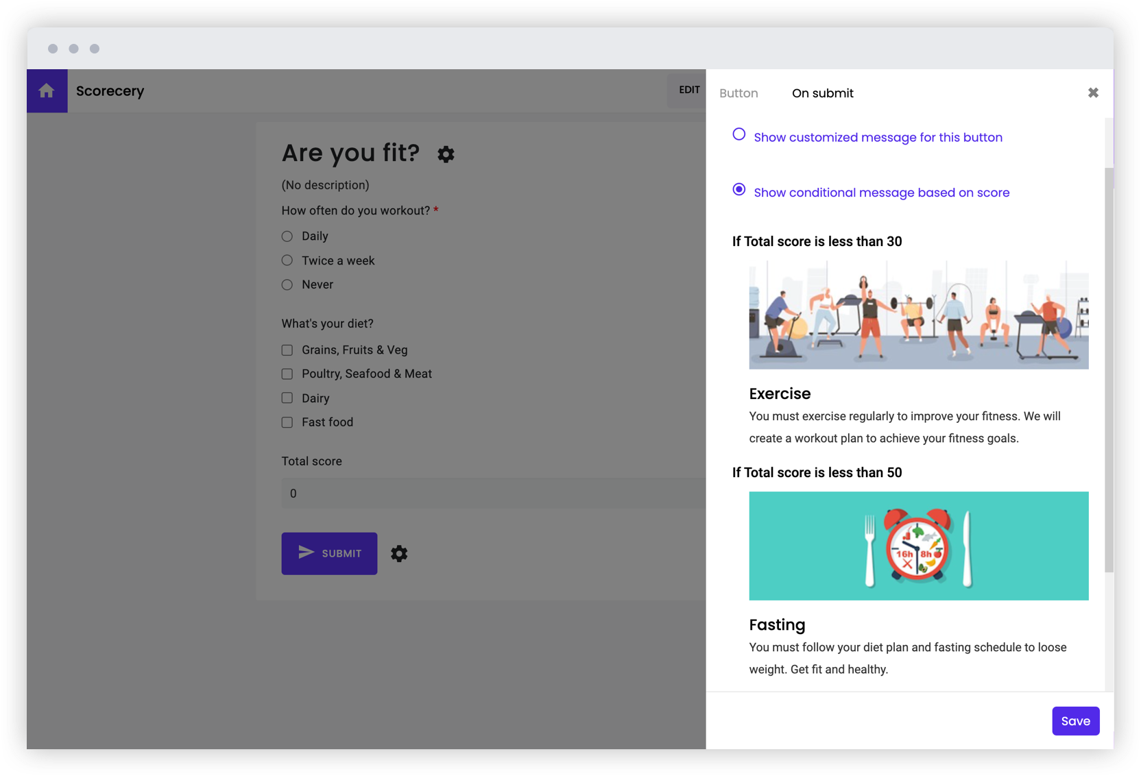 Display recommendations, conditional messages or verbal assessments based on calculated score