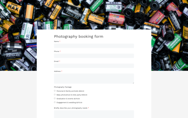 Photography booking form