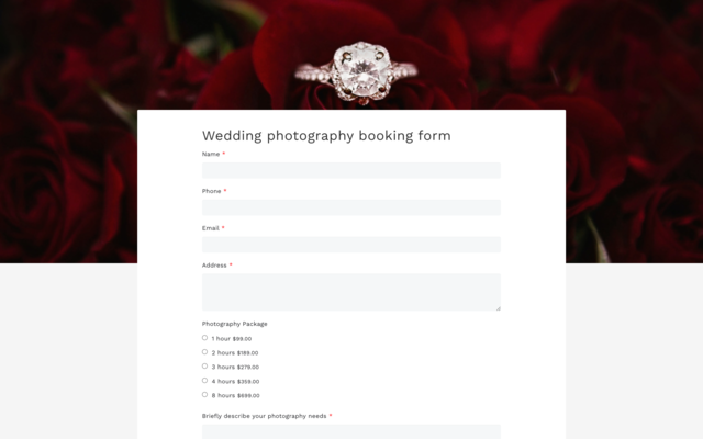 Wedding photography booking form