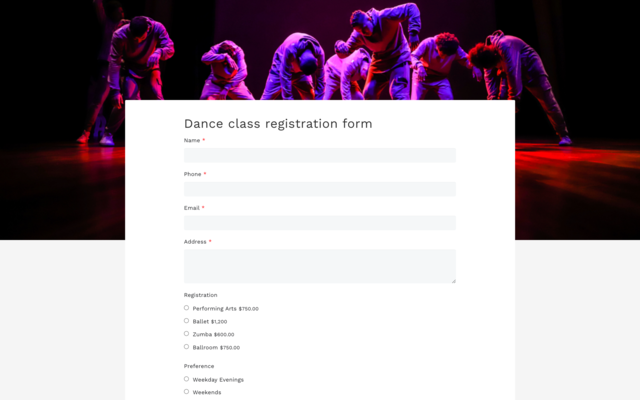 Dance class registration form